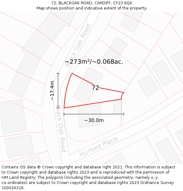 72, BLACKOAK ROAD, CARDIFF, CF23 6QX: Plot and title map