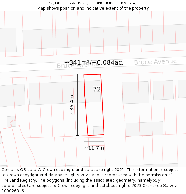 72, BRUCE AVENUE, HORNCHURCH, RM12 4JE: Plot and title map