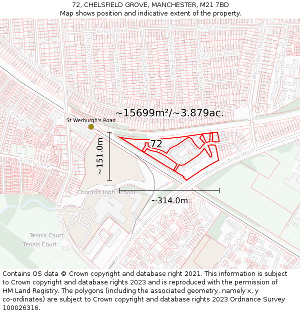 72, CHELSFIELD GROVE, MANCHESTER, M21 7BD: Plot and title map