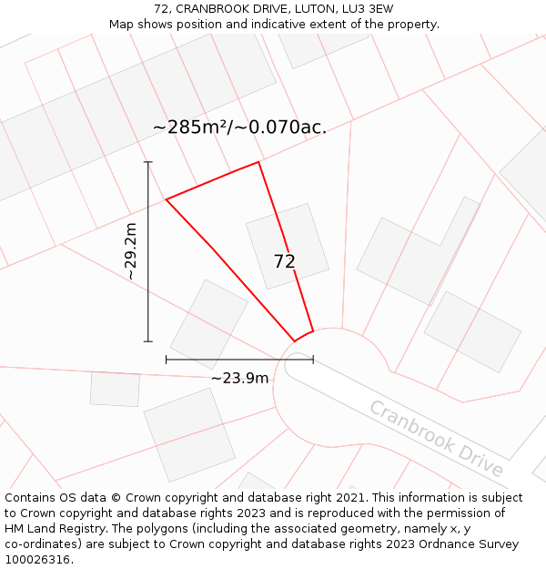 72, CRANBROOK DRIVE, LUTON, LU3 3EW: Plot and title map