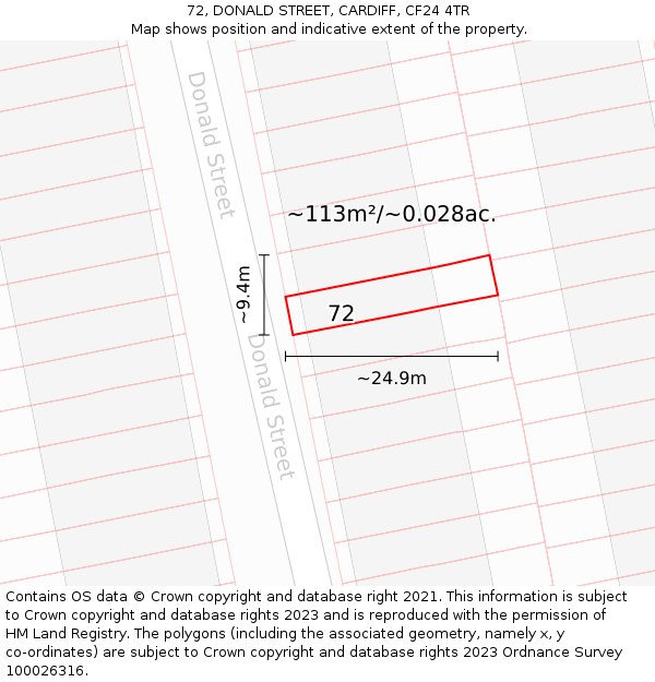 72, DONALD STREET, CARDIFF, CF24 4TR: Plot and title map