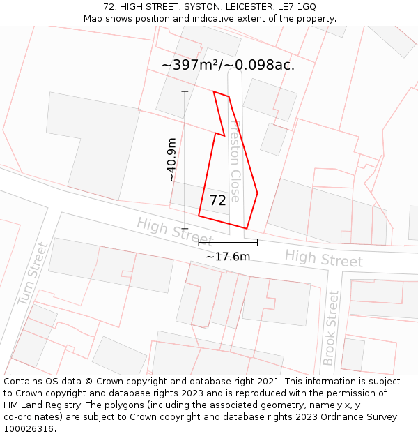 72, HIGH STREET, SYSTON, LEICESTER, LE7 1GQ: Plot and title map