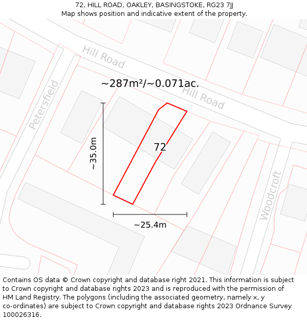 72, HILL ROAD, OAKLEY, BASINGSTOKE, RG23 7JJ: Plot and title map