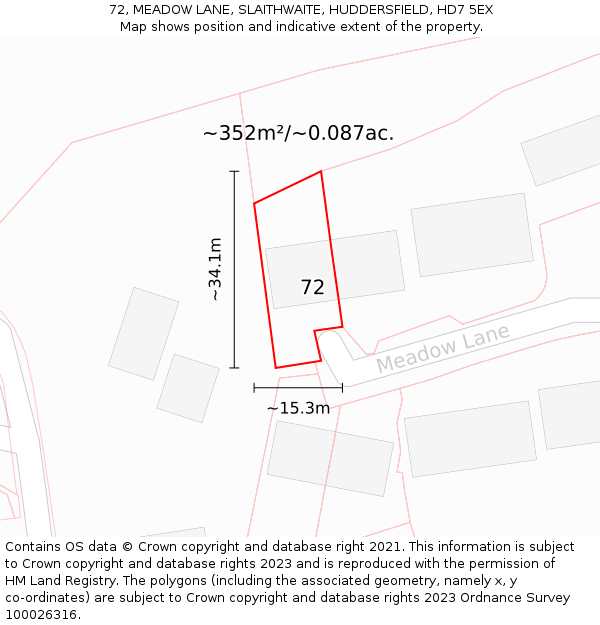 72, MEADOW LANE, SLAITHWAITE, HUDDERSFIELD, HD7 5EX: Plot and title map