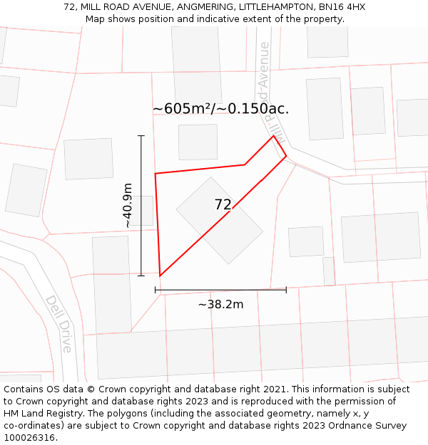 72, MILL ROAD AVENUE, ANGMERING, LITTLEHAMPTON, BN16 4HX: Plot and title map