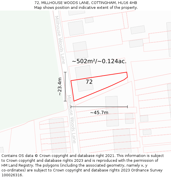 72, MILLHOUSE WOODS LANE, COTTINGHAM, HU16 4HB: Plot and title map
