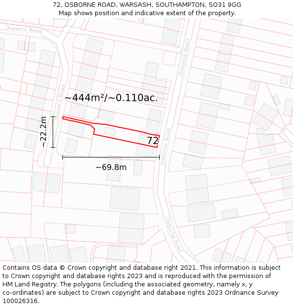 72, OSBORNE ROAD, WARSASH, SOUTHAMPTON, SO31 9GG: Plot and title map