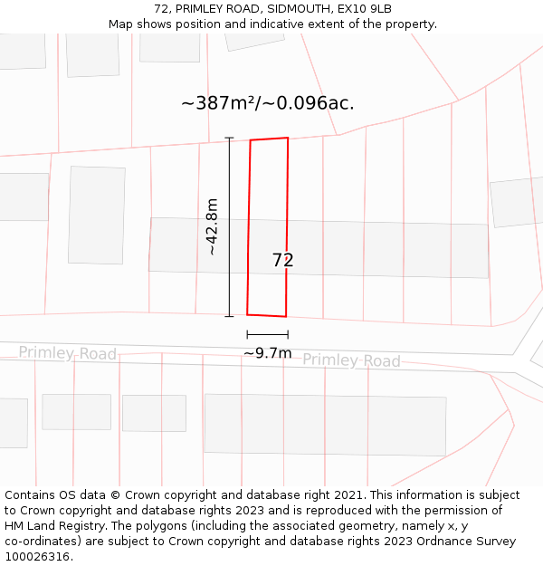 72, PRIMLEY ROAD, SIDMOUTH, EX10 9LB: Plot and title map