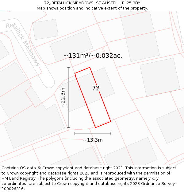 72, RETALLICK MEADOWS, ST AUSTELL, PL25 3BY: Plot and title map