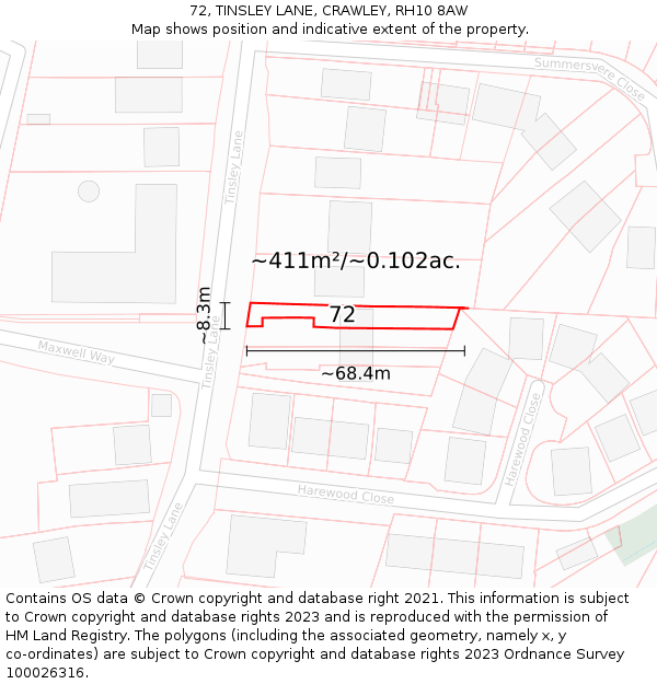 72, TINSLEY LANE, CRAWLEY, RH10 8AW: Plot and title map