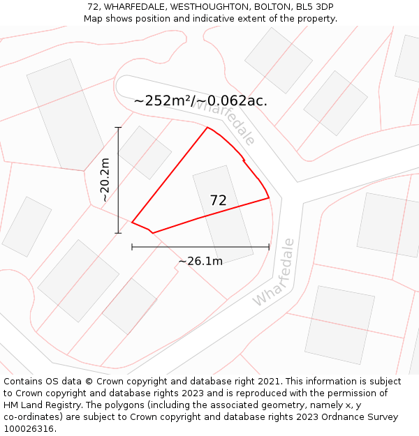 72, WHARFEDALE, WESTHOUGHTON, BOLTON, BL5 3DP: Plot and title map