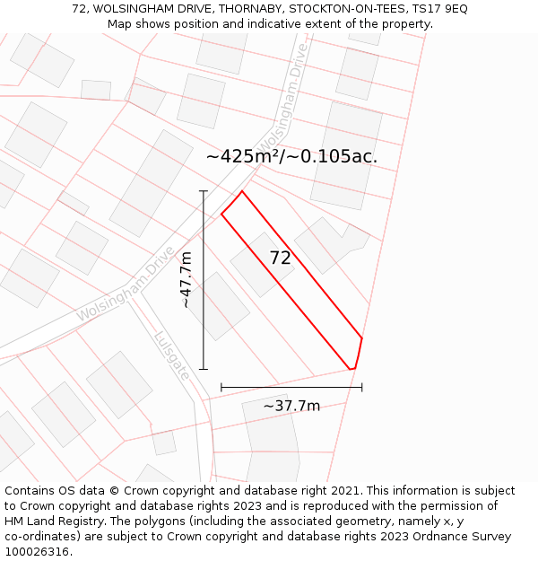 72, WOLSINGHAM DRIVE, THORNABY, STOCKTON-ON-TEES, TS17 9EQ: Plot and title map