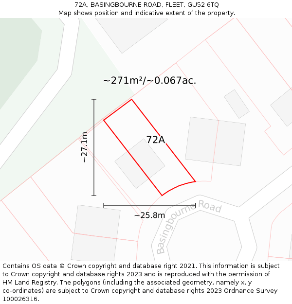 72A, BASINGBOURNE ROAD, FLEET, GU52 6TQ: Plot and title map