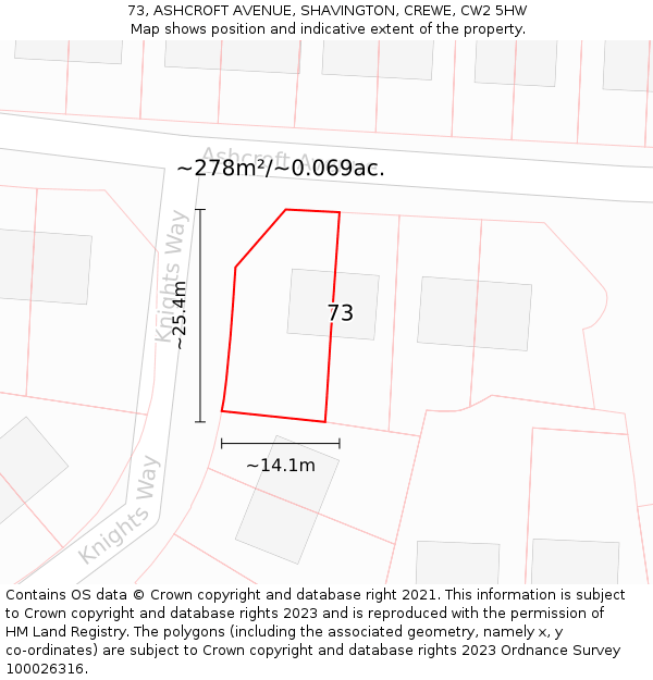 73, ASHCROFT AVENUE, SHAVINGTON, CREWE, CW2 5HW: Plot and title map