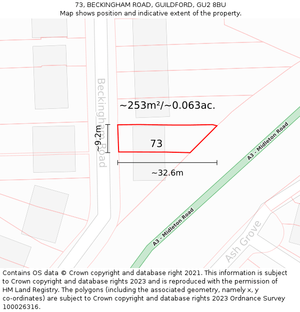 73, BECKINGHAM ROAD, GUILDFORD, GU2 8BU: Plot and title map