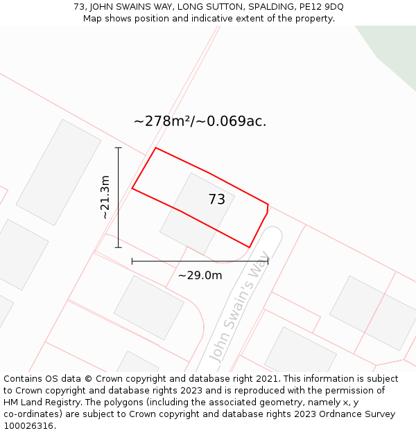 73, JOHN SWAINS WAY, LONG SUTTON, SPALDING, PE12 9DQ: Plot and title map