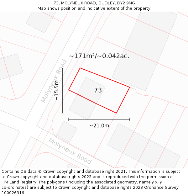 73, MOLYNEUX ROAD, DUDLEY, DY2 9NG: Plot and title map