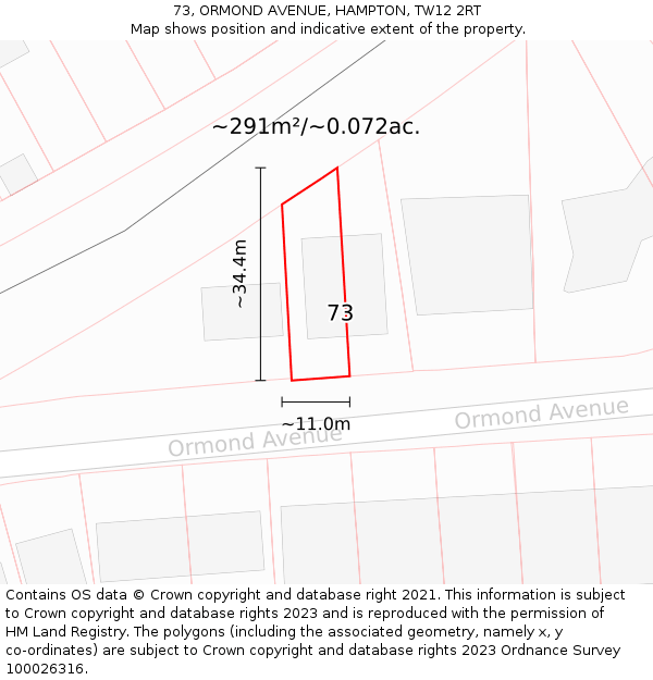 73, ORMOND AVENUE, HAMPTON, TW12 2RT: Plot and title map