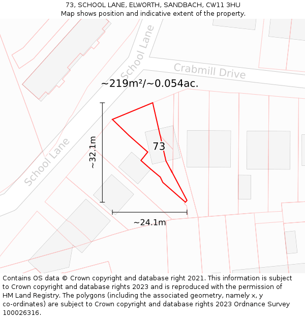 73, SCHOOL LANE, ELWORTH, SANDBACH, CW11 3HU: Plot and title map