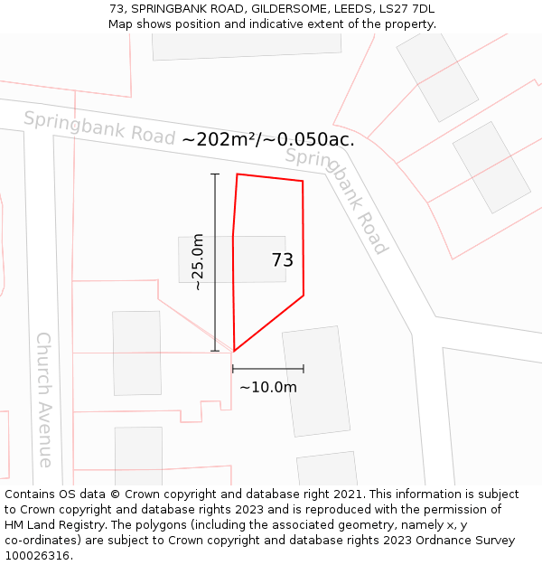 73, SPRINGBANK ROAD, GILDERSOME, LEEDS, LS27 7DL: Plot and title map