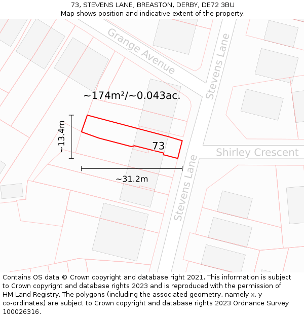 73, STEVENS LANE, BREASTON, DERBY, DE72 3BU: Plot and title map