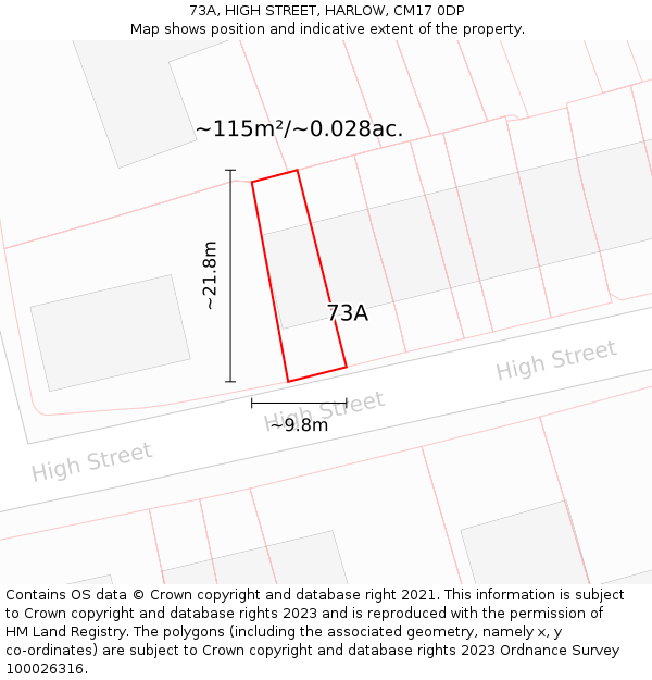 73A, HIGH STREET, HARLOW, CM17 0DP: Plot and title map