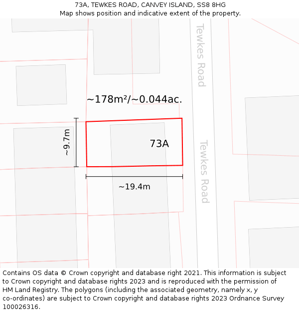 73A, TEWKES ROAD, CANVEY ISLAND, SS8 8HG: Plot and title map