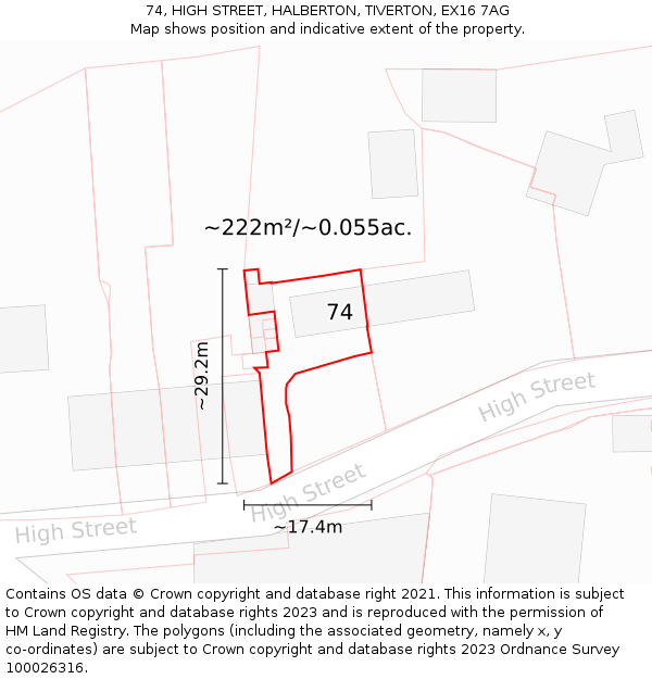 74, HIGH STREET, HALBERTON, TIVERTON, EX16 7AG: Plot and title map