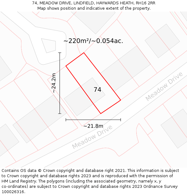 74, MEADOW DRIVE, LINDFIELD, HAYWARDS HEATH, RH16 2RR: Plot and title map