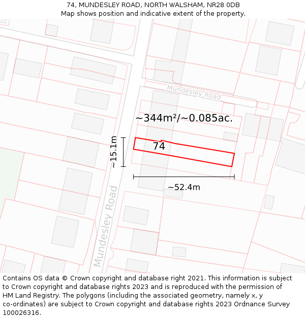 74, MUNDESLEY ROAD, NORTH WALSHAM, NR28 0DB: Plot and title map