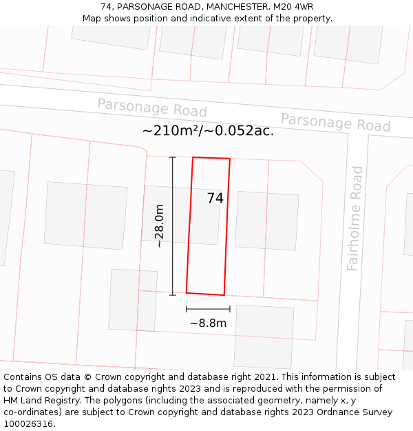 74, PARSONAGE ROAD, MANCHESTER, M20 4WR: Plot and title map