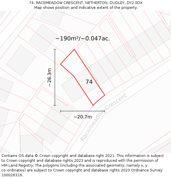 74, RACEMEADOW CRESCENT, NETHERTON, DUDLEY, DY2 0DX: Plot and title map