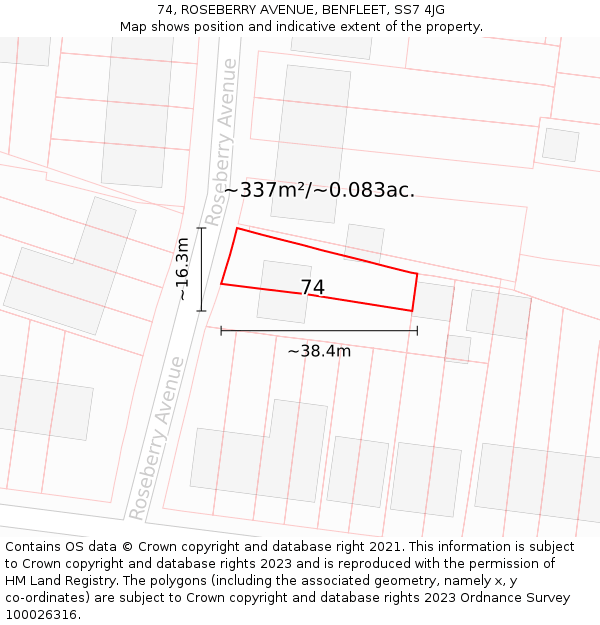 74, ROSEBERRY AVENUE, BENFLEET, SS7 4JG: Plot and title map