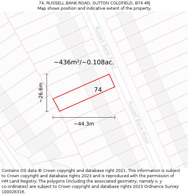 74, RUSSELL BANK ROAD, SUTTON COLDFIELD, B74 4RJ: Plot and title map