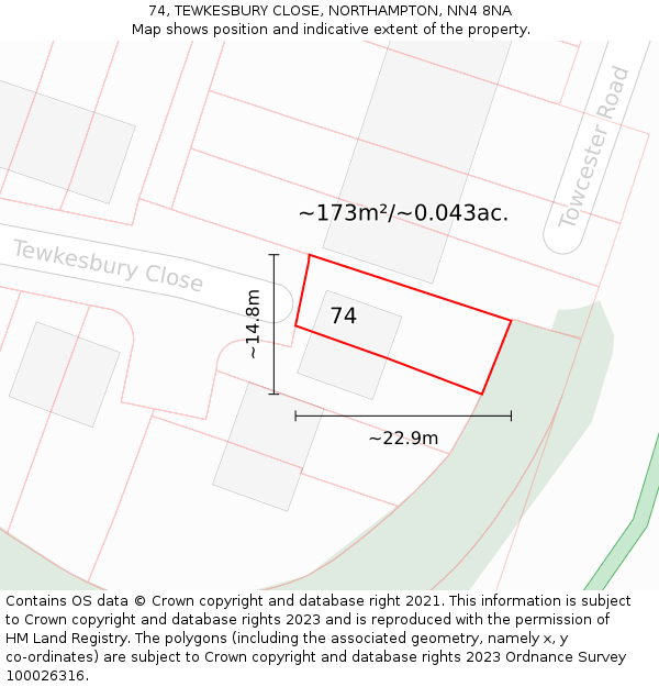 74, TEWKESBURY CLOSE, NORTHAMPTON, NN4 8NA: Plot and title map