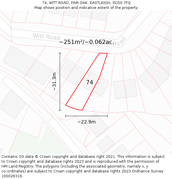 74, WITT ROAD, FAIR OAK, EASTLEIGH, SO50 7FQ: Plot and title map