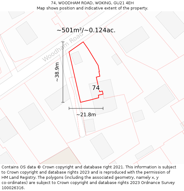 74, WOODHAM ROAD, WOKING, GU21 4EH: Plot and title map