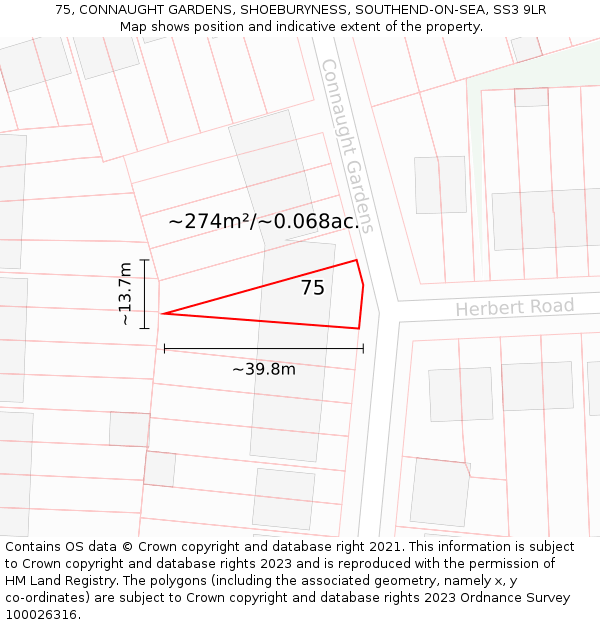 75, CONNAUGHT GARDENS, SHOEBURYNESS, SOUTHEND-ON-SEA, SS3 9LR: Plot and title map