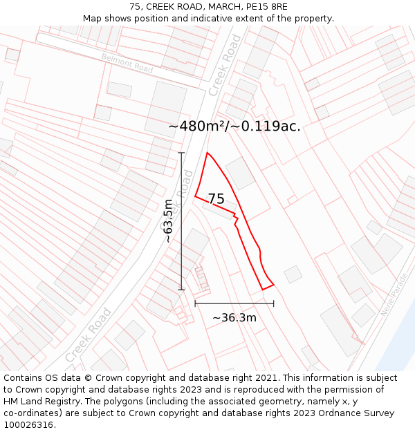 75, CREEK ROAD, MARCH, PE15 8RE: Plot and title map