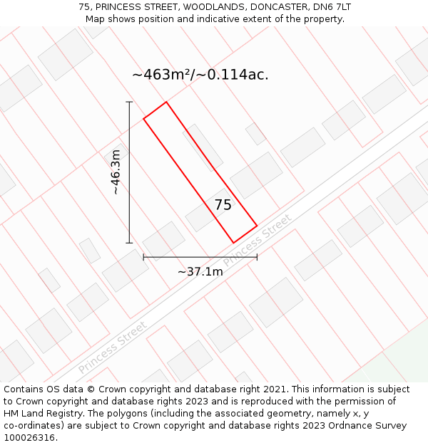 75, PRINCESS STREET, WOODLANDS, DONCASTER, DN6 7LT: Plot and title map