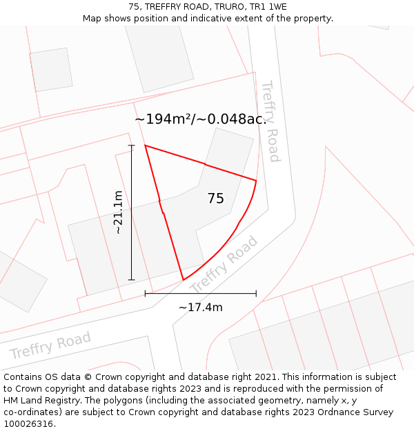 75, TREFFRY ROAD, TRURO, TR1 1WE: Plot and title map