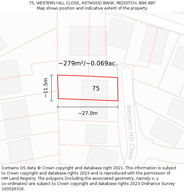 75, WESTERN HILL CLOSE, ASTWOOD BANK, REDDITCH, B96 6BY: Plot and title map
