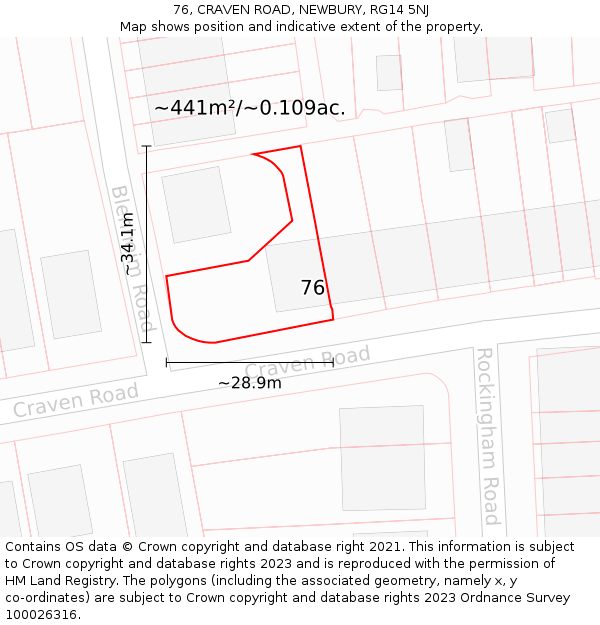 76, CRAVEN ROAD, NEWBURY, RG14 5NJ: Plot and title map