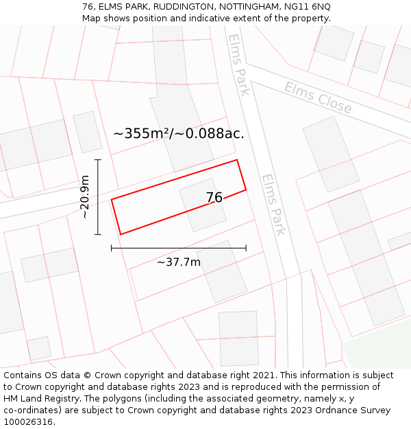 76, ELMS PARK, RUDDINGTON, NOTTINGHAM, NG11 6NQ: Plot and title map