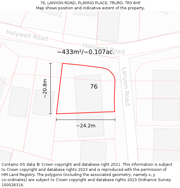 76, LANYON ROAD, PLAYING PLACE, TRURO, TR3 6HF: Plot and title map