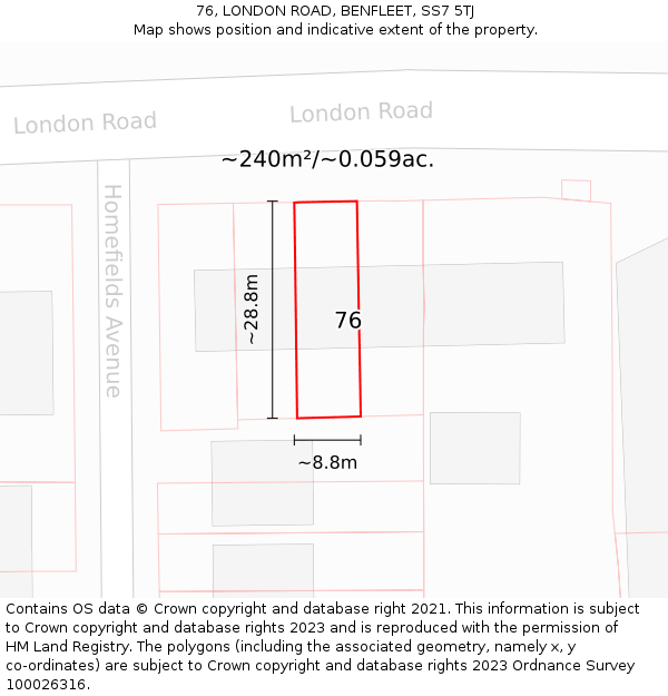 76, LONDON ROAD, BENFLEET, SS7 5TJ: Plot and title map