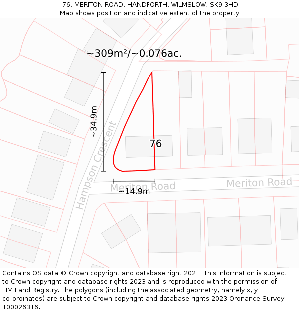 76, MERITON ROAD, HANDFORTH, WILMSLOW, SK9 3HD: Plot and title map