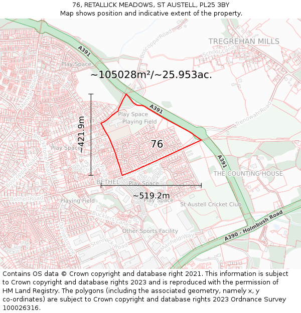 76, RETALLICK MEADOWS, ST AUSTELL, PL25 3BY: Plot and title map