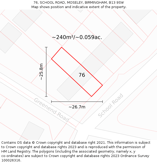 76, SCHOOL ROAD, MOSELEY, BIRMINGHAM, B13 9SW: Plot and title map