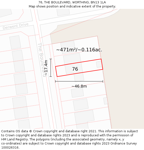 76, THE BOULEVARD, WORTHING, BN13 1LA: Plot and title map